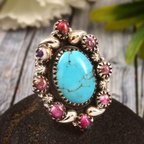 Kingman Turquoise & Pink Dahlia US 6 Sterling Silver 925 Cluster Ring (REXT40-221)