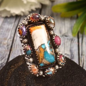 Spiny Oyster Turquoise & Pink Dahlia US 6 Sterling Silver 925 Cluster Ring (REXT40-241)