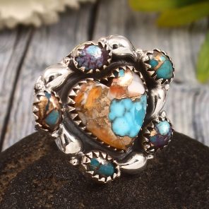 Spiny Oyster Turquoise & Pink Dahlia US 7 Sterling Silver 925 Cluster Ring (REXT40-245)