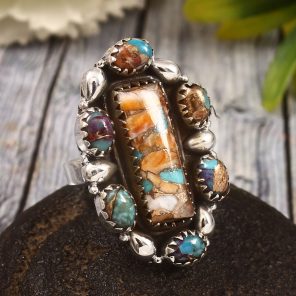 Spiny Oyster Turquoise & Pink Dahlia US 7 Sterling Silver 925 Cluster Ring (REXT40-256)