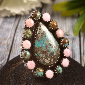 Morenci Turquoise & Pink Queen Conch & Kingman Turquoise Size US 7 Sterling Silver 925 Cluster Ring (REXT40-261)