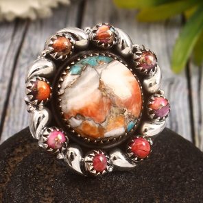 Spiny Oyster Turquoise & Pink Dahlia US 6 Sterling Silver 925 Cluster Ring (REXT40-242)