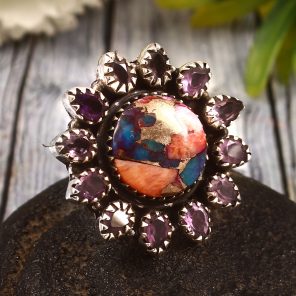 Pink Dahlia Turquoise & Amethyst  Size US 6 Sterling Silver 925 Cluster Ring (REXT40-263)