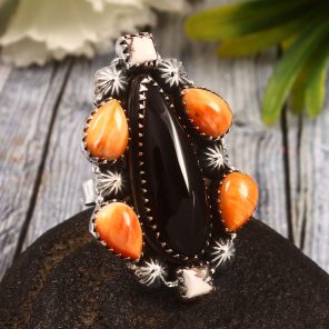 Black Onyx & Spiny Oyster Shell & Wild Horse Jasper US 9 Sterling Silver 925 Cluster Ring (REXT40-251)