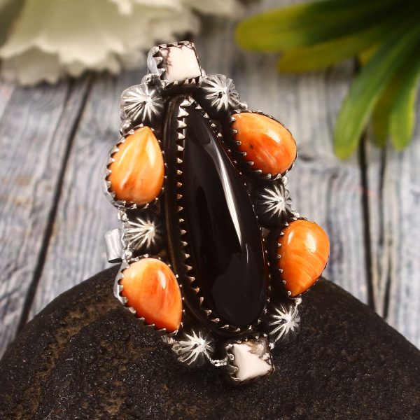 Black Onyx & Spiny Oyster Shell & Wild Horse Jasper US 9 Sterling Silver 925 Cluster Ring (REXT40-251)