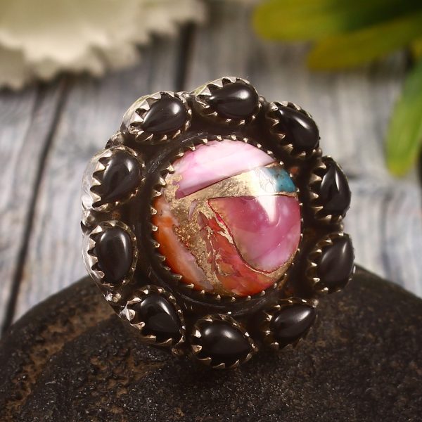 Pink Dahlia Turquoise & Black Onyx US 6 Sterling Silver 925 Cluster Ring (REXT40-230)