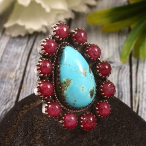 Kingman Turquoise & Pink quartz (dyed) US 9 Sterling Silver 925 Cluster Ring (REXT40-224)