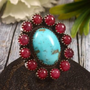Kingman Turquoise & Pink quartz (dyed) US 9 Sterling Silver 925 Cluster Ring (REXT40-225)