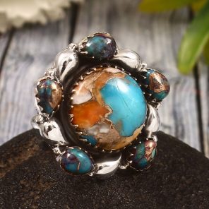 Spiny Oyster Turquoise & Pink Dahlia US 8 Sterling Silver 925 Cluster Ring (REXT40-246)