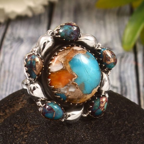 Spiny Oyster Turquoise & Pink Dahlia US 8 Sterling Silver 925 Cluster Ring (REXT40-246)