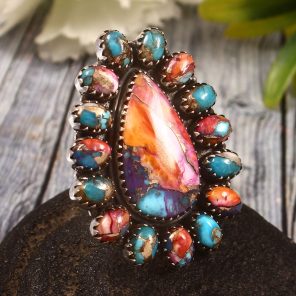 Pink Dahlia Turquoise & Spiny Oyster US 6 Sterling Silver 925 Cluster Ring (REXT40-243)