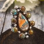 Spiny Oyster Turquoise & Kingman US 6 Sterling Silver 925 Cluster Ring (REXT40-249)