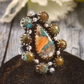 Spiny Oyster Turquoise & Kingman US 6 Sterling Silver 925 Cluster Ring (REXT40-249)