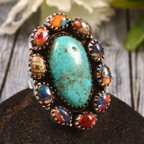 Kingman Turquoise & Pink Dahlia US 6 Sterling Silver 925 Cluster Ring (REXT40-222)