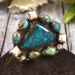 Peru Opal & Mohave Turquoise & Pink Dahlia & Wild Horse Jasper Size US 8 Sterling Silver 925 Cluster Ring (REXT40-266)
