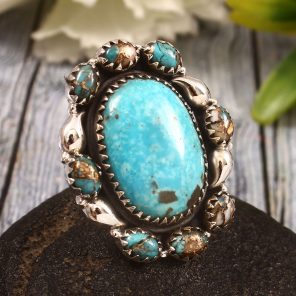 Kingman Turquoise & Spiny Oyster Turquoise US 7 Sterling Silver 925 Cluster Ring (REXT40-219)