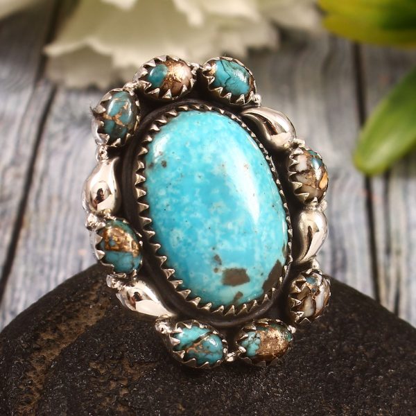 Kingman Turquoise & Spiny Oyster Turquoise US 7 Sterling Silver 925 Cluster Ring (REXT40-219)