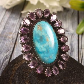 Kingman Turquoise & Amethyst  Size US 9 Sterling Silver 925 Cluster Ring (REXT40-265)