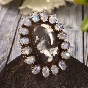 White Buffalo Turquoise & Rainbow Moonstone US 6 Sterling Silver 925 Cluster Ring (REXT40-257)