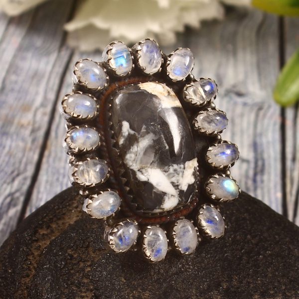 White Buffalo Turquoise & Rainbow Moonstone US 6 Sterling Silver 925 Cluster Ring (REXT40-257)