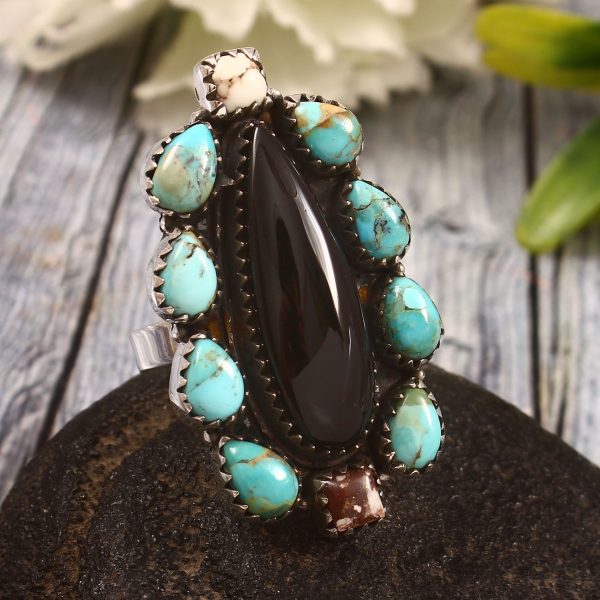 Black Onyx & Mohave & Wild Horse Jasper US 9 Sterling Silver 925 Cluster Ring (REXT40-234)