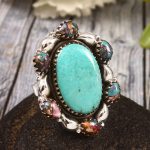 Kingman Turquoise & Pink Dahlia US 9 Sterling Silver 925 Cluster Ring (REXT40-223)