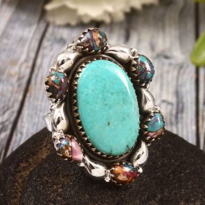 Kingman Turquoise & Pink Dahlia US 9 Sterling Silver 925 Cluster Ring (REXT40-223)