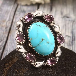 Kingman Turquoise & Amethyst  Size US 6 Sterling Silver 925 Cluster Ring (REXT40-264)
