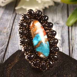 Spiny Oyster Turquoise & Black Onyx US 7 Sterling Silver 925 Cluster Ring (REXT40-228)