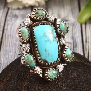 Kingman Turquoise US 7 Sterling Silver 925 Cluster Ring (REXT40-215)
