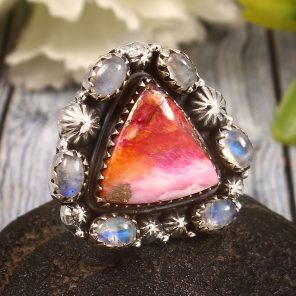 Pink Dahlia Turquoise & Rainbow Moonstone US 6 Sterling Silver 925 Cluster Ring (REXT40-253)