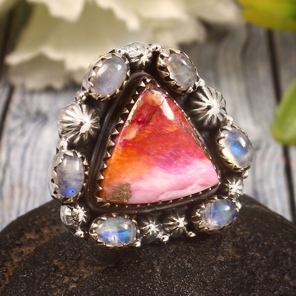 Pink Dahlia Turquoise & Rainbow Moonstone US 6 Sterling Silver 925 Cluster Ring (REXT40-253)