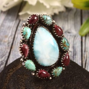 Larimar & Purple Spiny Oyster & Mohave US 7 Sterling Silver 925 Cluster Ring (REXT40-227)