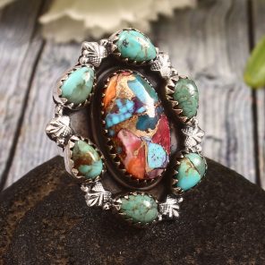 Pink Dahlia Turquoise & Mohave US 6 Sterling Silver 925 Cluster Ring (REXT40-248)