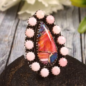Pink Dahlia Turquoise & Pink Queen Conch US 7 Sterling Silver 925 Cluster Ring (REXT40-252)