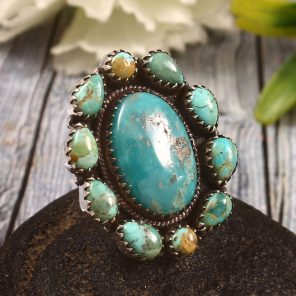 Kingman Turquoise US 6 Sterling Silver 925 Cluster Ring (REXT40-214)