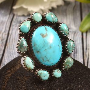 Kingman Turquoise US 8 Sterling Silver 925 Cluster Ring (REXT40-217)