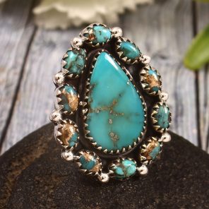 Kingman Turquoise & Spiny Oyster Turquoise US 6 Sterling Silver 925 Cluster Ring (REXT40-220)