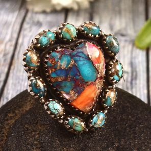 Pink Dahlia Turquoise & Spiny Oyster US 6 Sterling Silver 925 Cluster Ring (REXT40-247)
