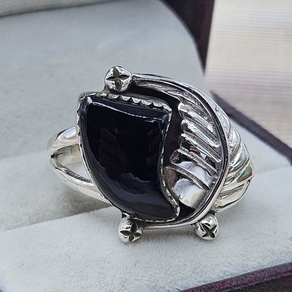 Black Onyx Tiger Tooth 925 Silver Ring (RS16-202)