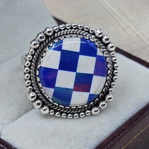 Blue Aurora & White Checkerboard Ring 925 Sterling Silver Ring (RS104-222)