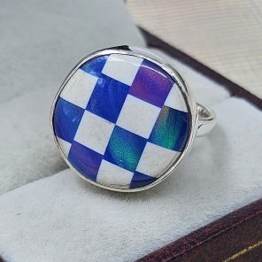 Blue Aurora & White Checkerboard Ring 925 Sterling Silver Ring (RS104-226)
