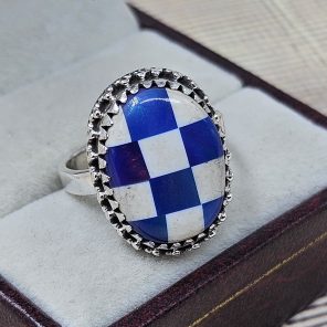 Blue Aurora & White Checkerboard Ring 925 Sterling Silver Ring (RS104-223)