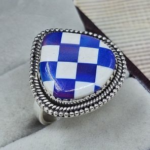 Blue Aurora & White Checkerboard Ring 925 Sterling Silver Ring (RS104-228)