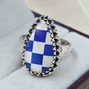 Blue Aurora & White Checkerboard Ring 925 Sterling Silver Ring (RS104-220)