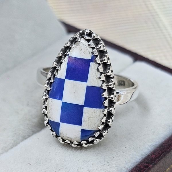 Blue Aurora & White Checkerboard Ring 925 Sterling Silver Ring (RS104-220)