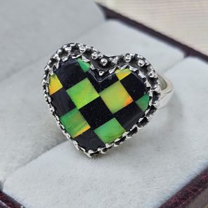 Black Onyx & Aurora Opal Checkerboard Ring 925 Sterling Silver Ring (RS104-218)
