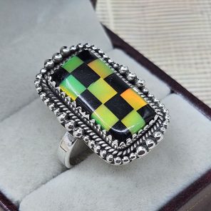 Black Onyx & Aurora Opal Checkerboard Ring 925 Sterling Silver Ring (RS104-219)