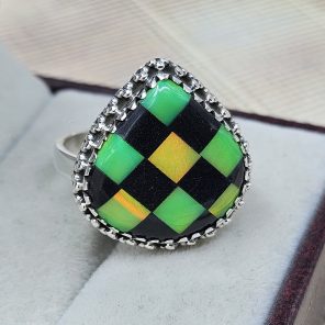 Black Onyx & Aurora Opal Checkerboard Ring 925 Sterling Silver Ring (RS104-216)
