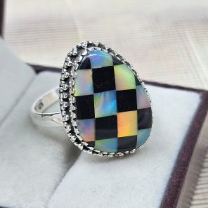 Black Onyx & Aurora Opal Checkerboard 925 Sterling Silver Ring (RS104-229)